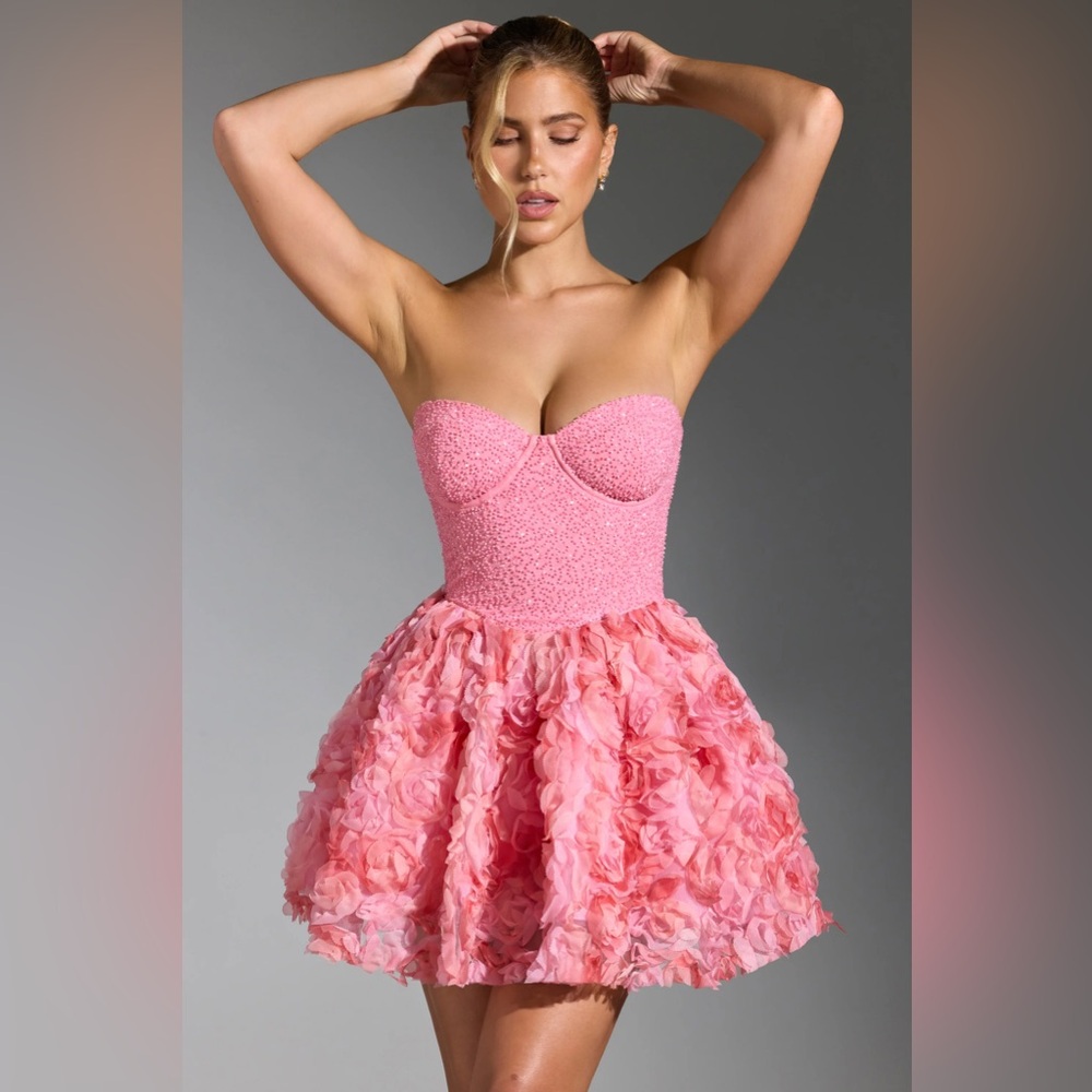 OH POLLY EVANTHE
Embellished Floral-Appliqué Lace-Up Mini Dress in Pink